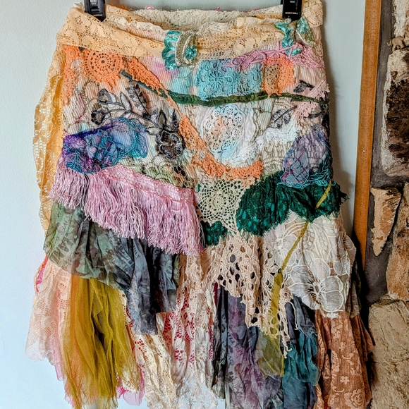 Boho layer multicolor gypsy lace tulle floral embellished knee skirt wrap S M - Picture 4 of 5
